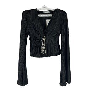 Blue b. Black Long Sleeve Pleated Top Rhinestone Drawstring Detail Size S